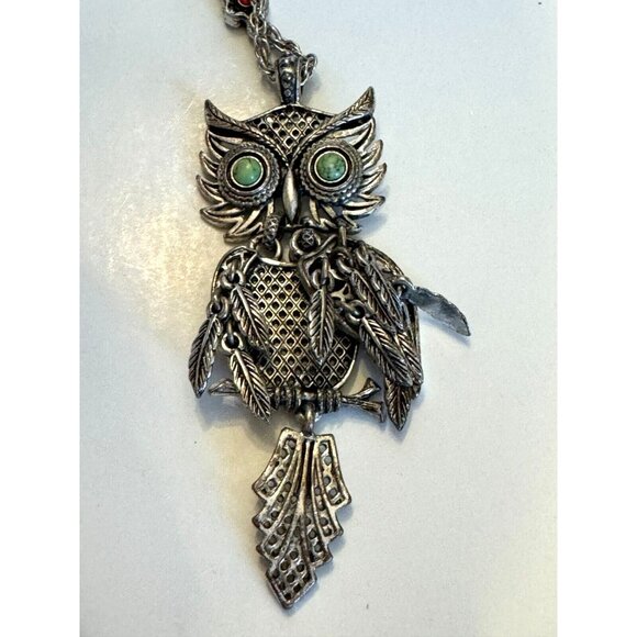 Lucky Brand Owl Pendant Necklace Silvertone Dangling Feathers 18-19.5 inch Chain - Picture 2 of 9